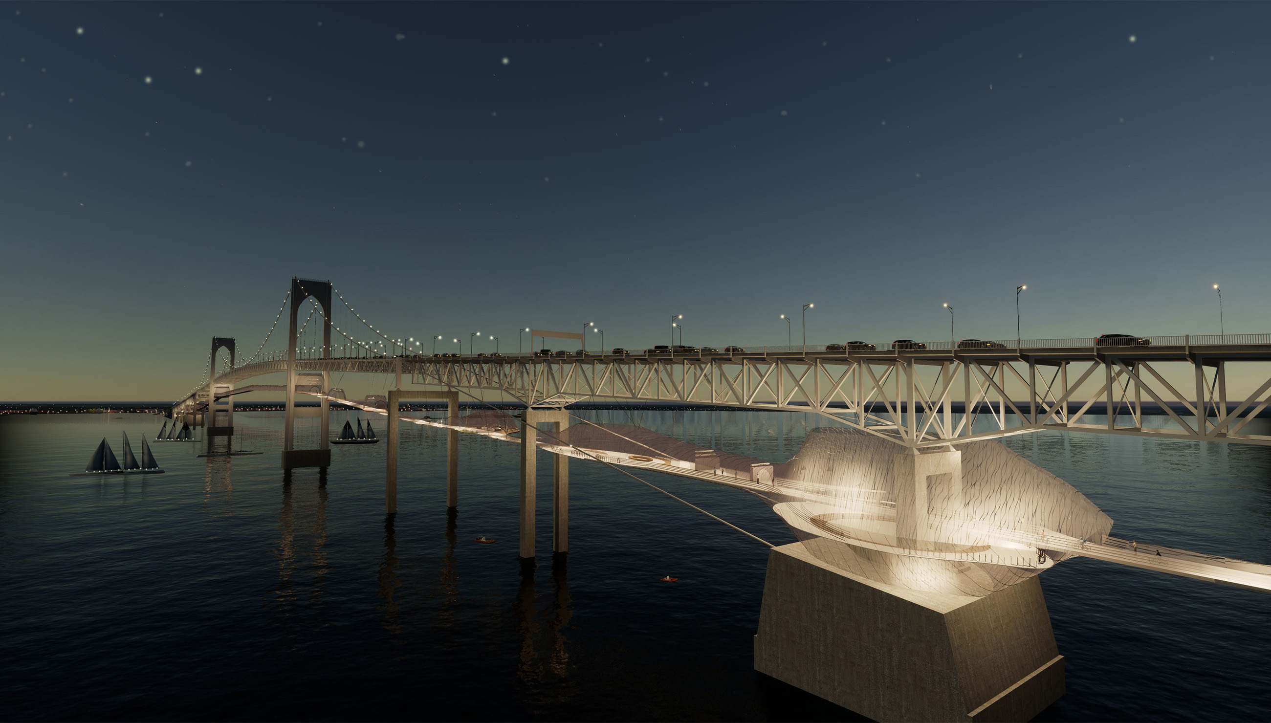 rendering of Pell bridge with imaginative add-ons