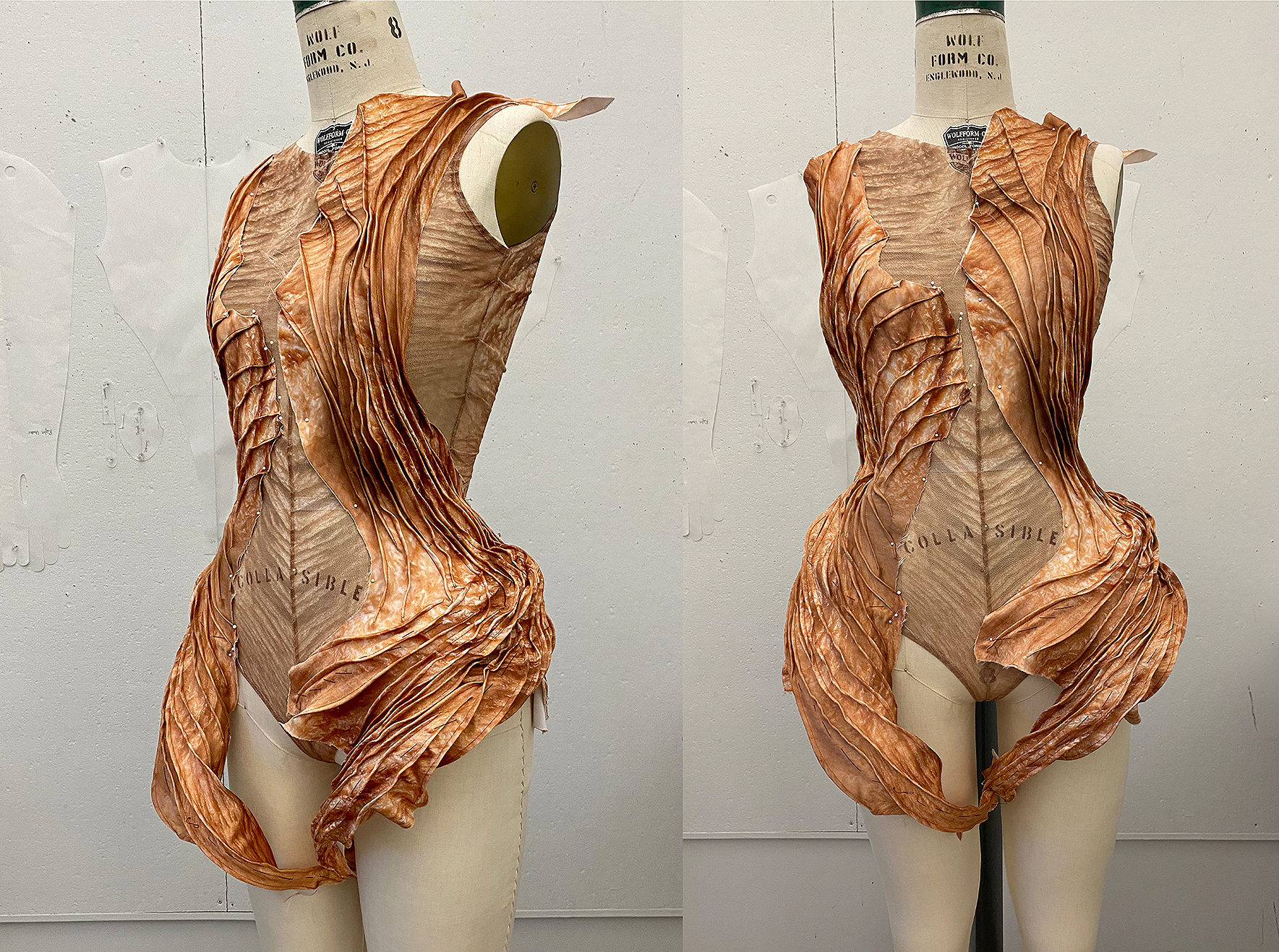 rust-colored garment in progress