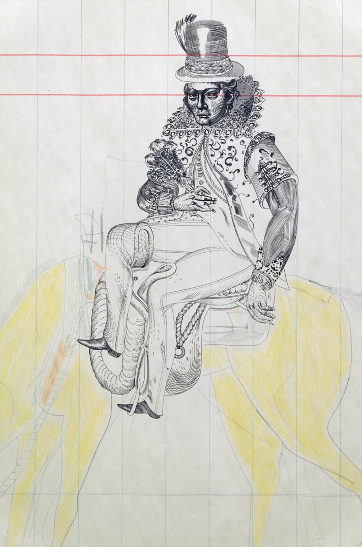 As Rebecca Riding Side-Saddle Through an Enlarged Page from a Ledger Book 2016, SEI Faculty Fellow Ernest A. Bryant III