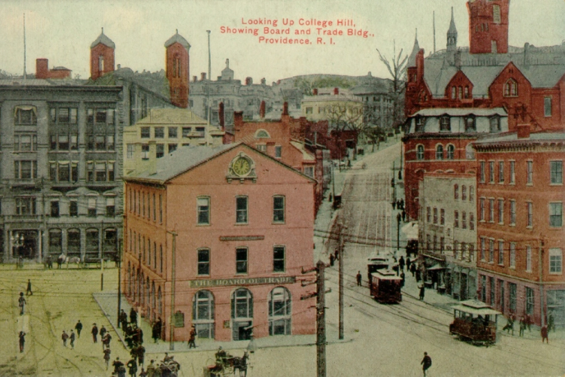 Historic postcard of College Hill and Market House in Providence.