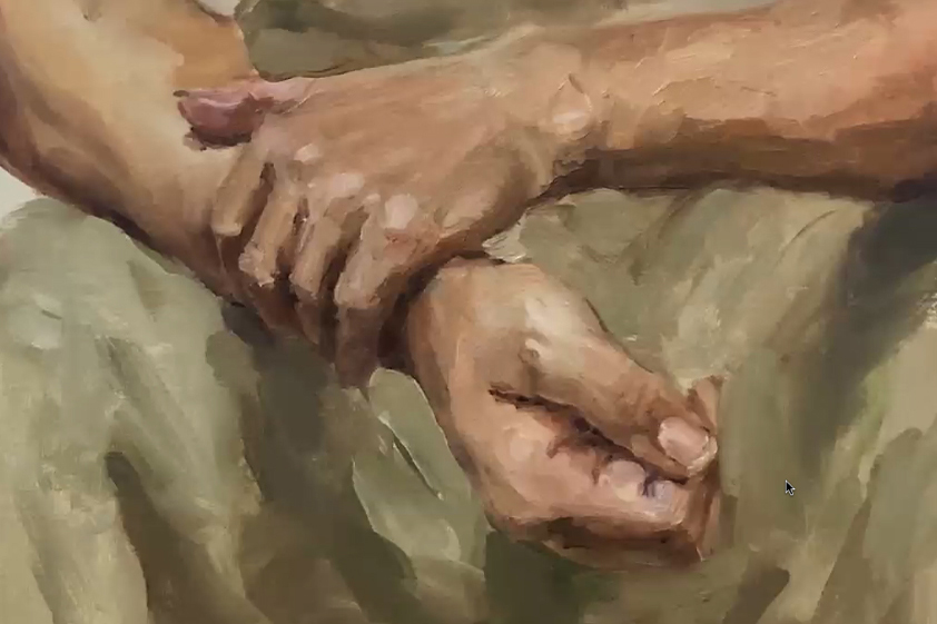 In progress painting of hands, by a Painting student