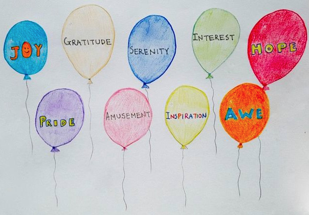 Social psychologist Barbara Fredrickson studied positive emotions depicted here as written words on colorful balloons.