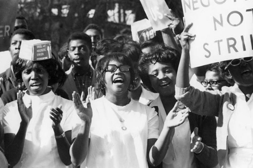 Still from Madeline Anderson's I Am Somebody documents the 1969 hospital works strike in Charleston, SC