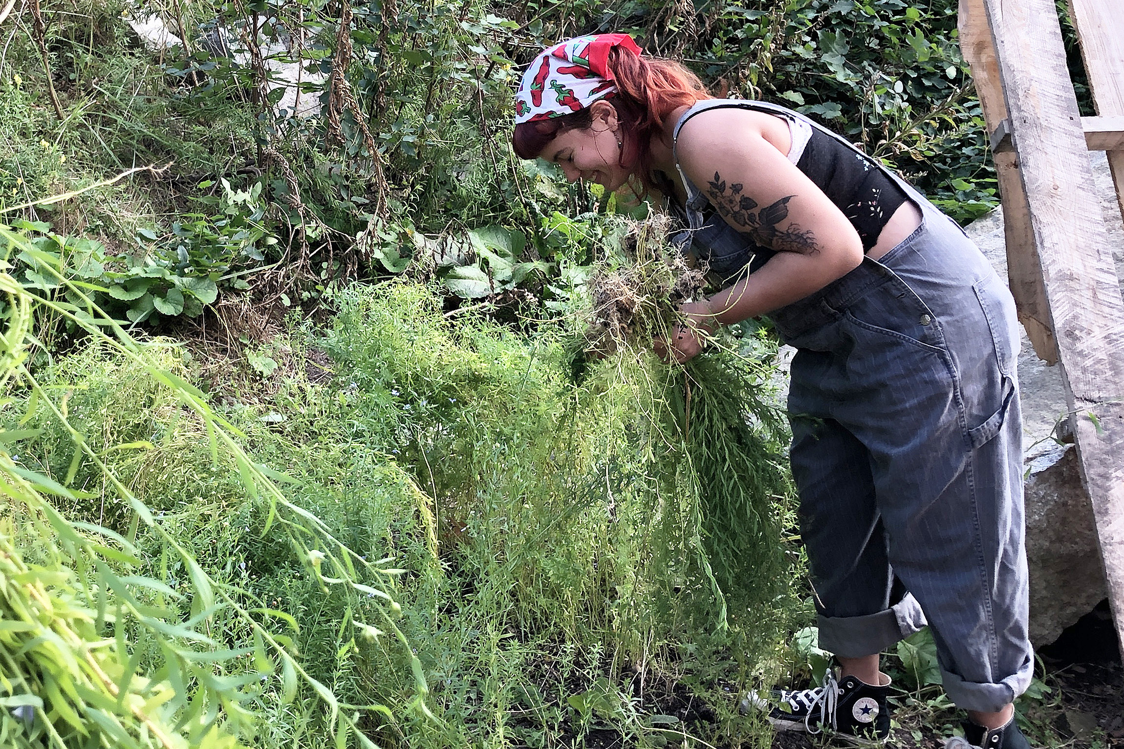 student wearing bright bandana at work in the garden