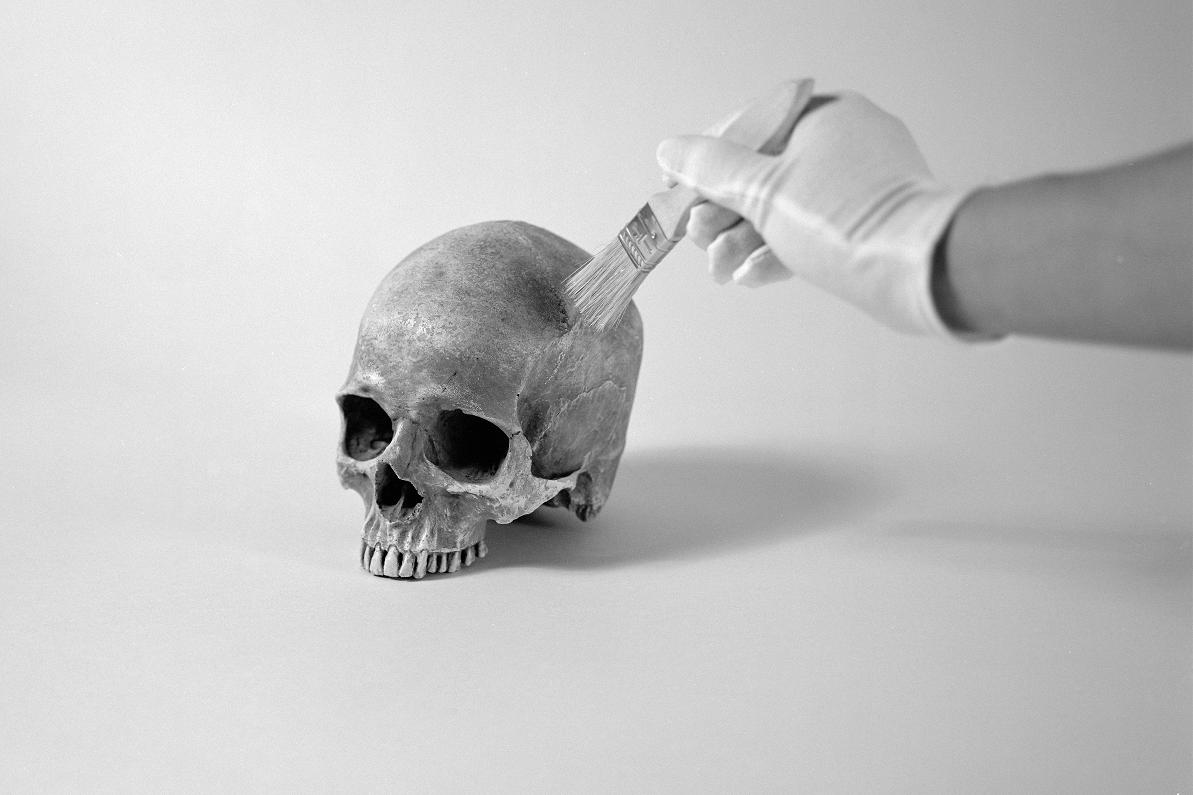 a disembodied hand brushes dust from a human skull