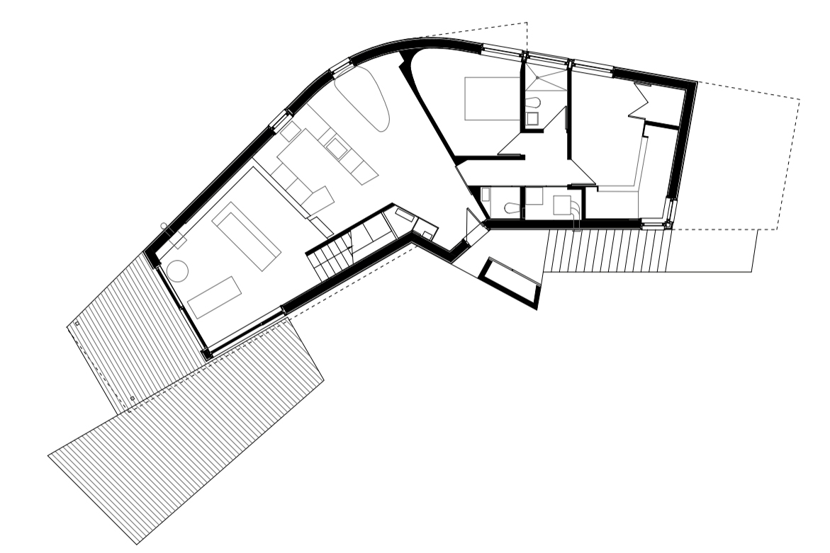 Boomerang-shaped building plan for an energy-efficient home by Laura Briggs BArch 82, Jonathan Knowles BArch 84, and Jonsara Ruth 92 ID.