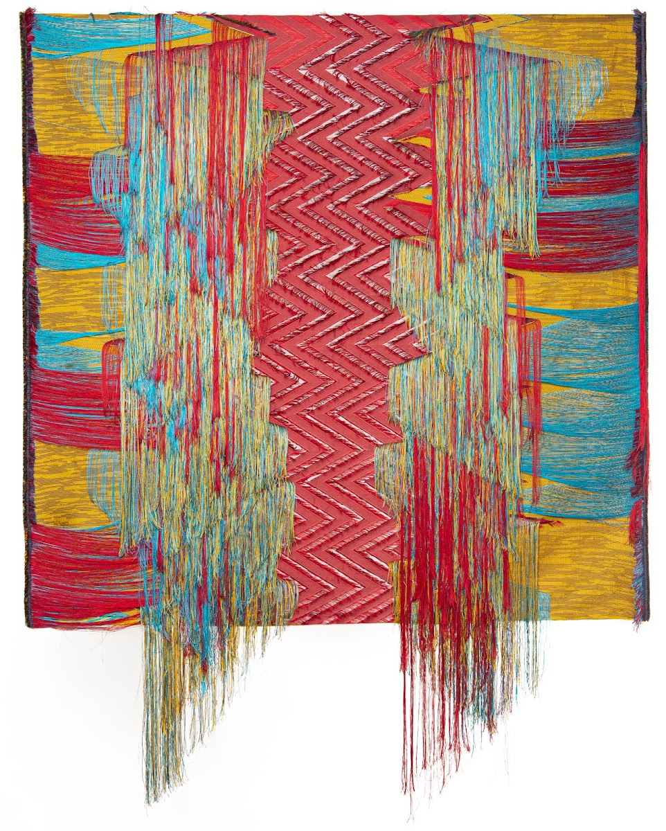 Heartbeat 19 (2019, woven and cut silk, linen textile on wood support) by Liz Collins 91 TX/MFA 99