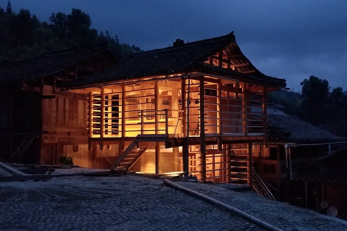 Traditional Chinese construction lit at night