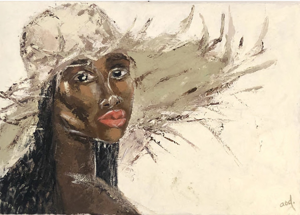 a painting by Danqua of a woman in a straw hat