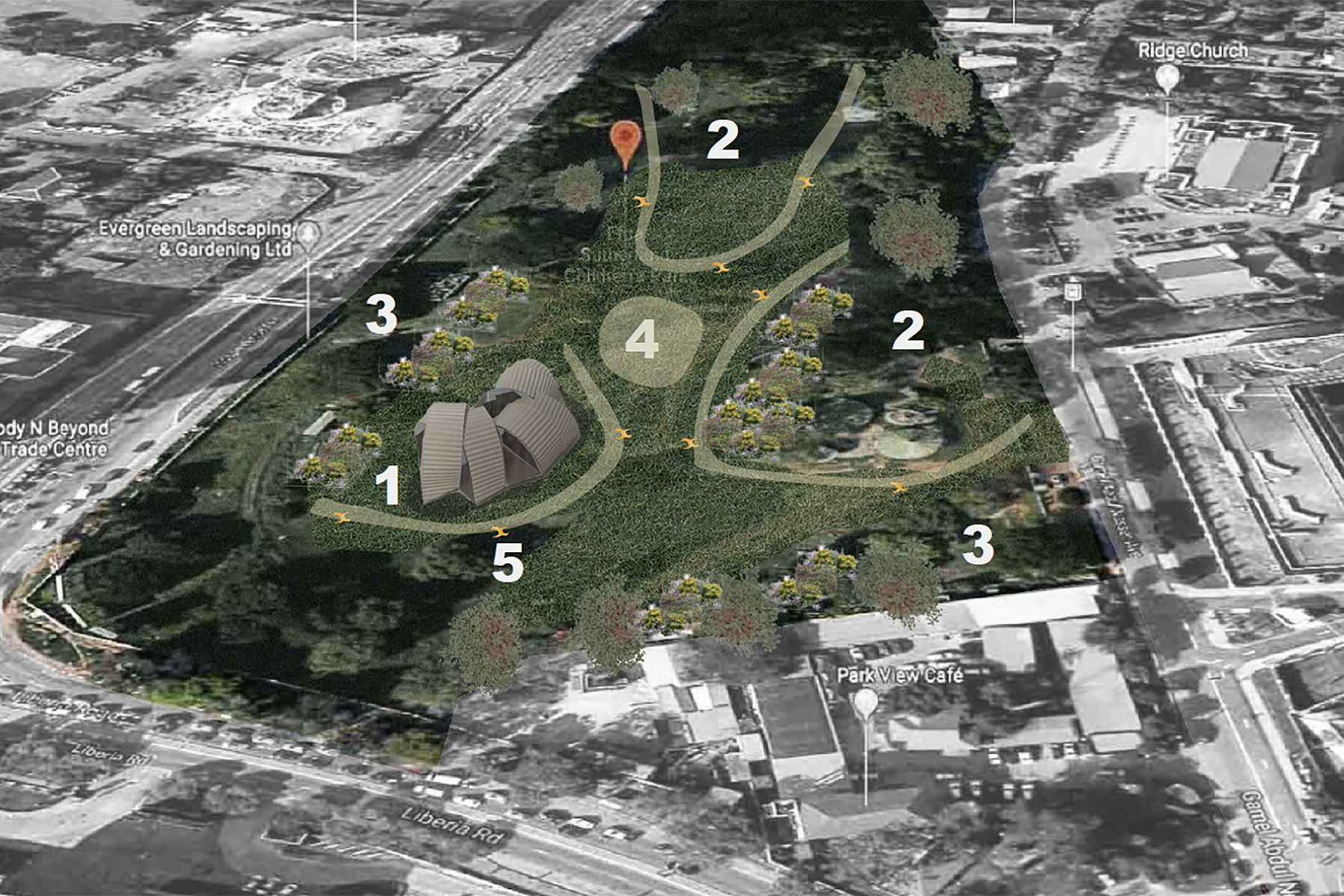 map showing the park in Accra where the pavilion would stand