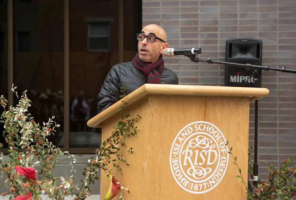 North Hall architect Nader Tehrani BArch 86 speaks at RISD podium