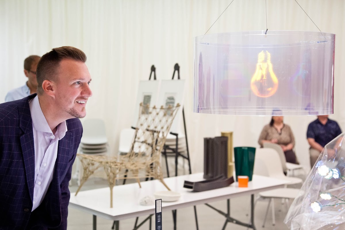 RISD's Director of Admissions, Mike Cameron, at an “interactive runway exhibition” at RISD hosted by Murray Moss and his longtime partner Franklin Getchell 