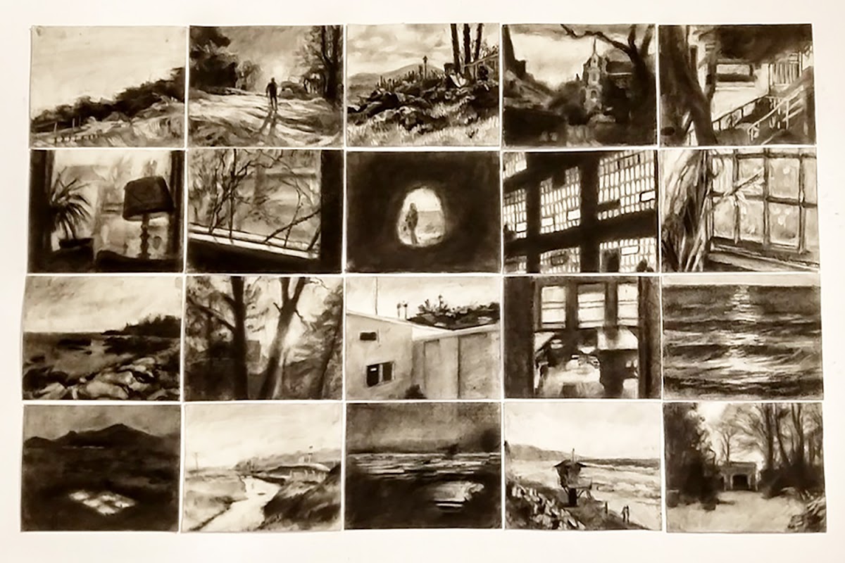 Checkerboard of sepia-toned images at the EFS Triennial