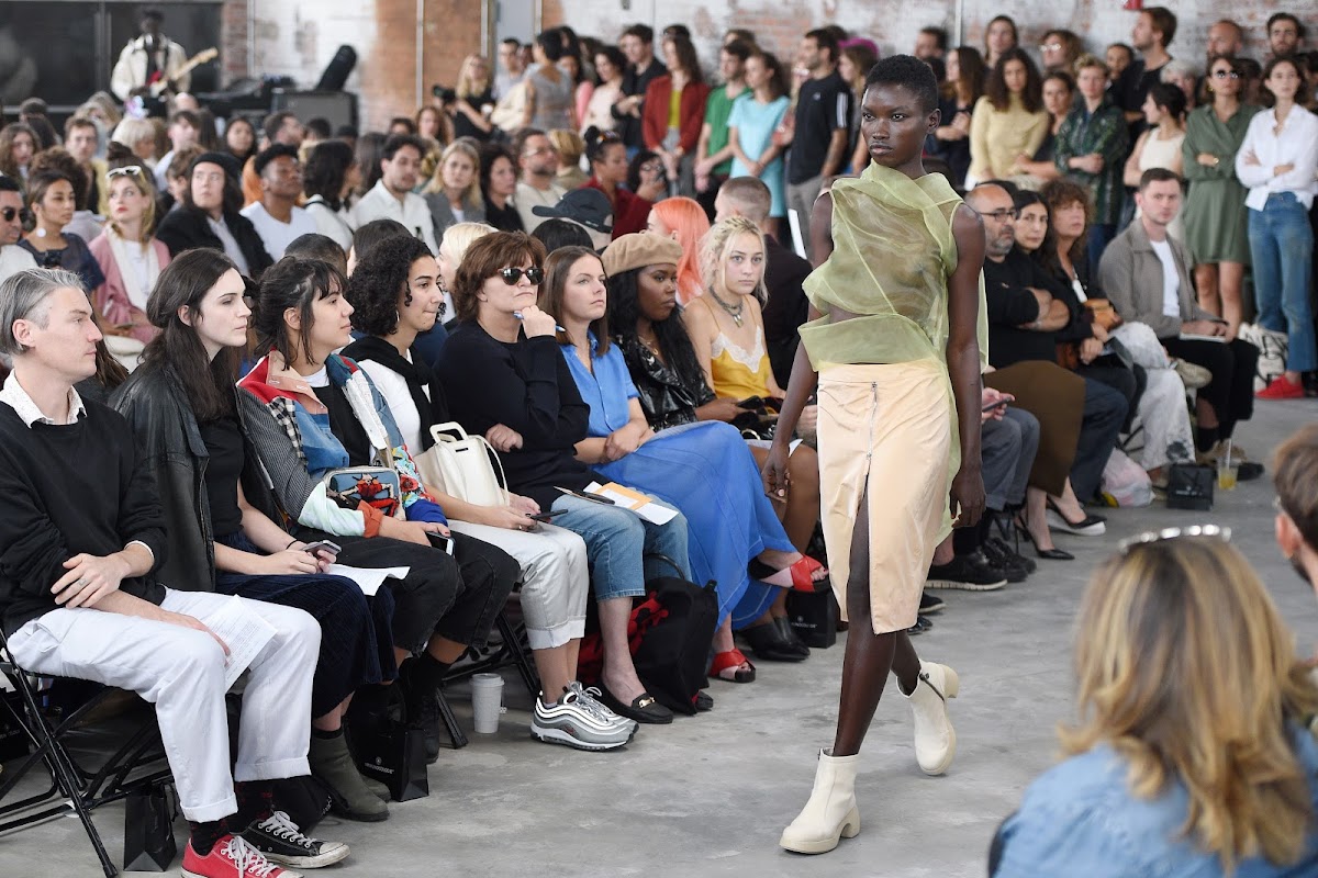 Model wearing Mike Eckhaus 10 SC and Zoe Latta 10 TX apparel at New York Fashion Week