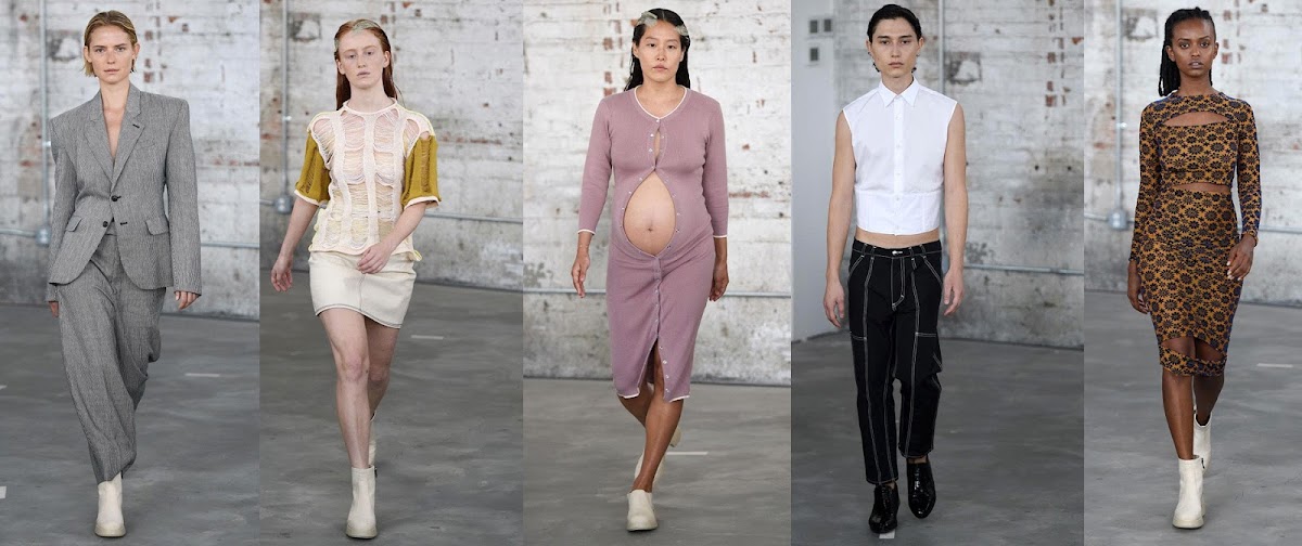 5 models wearing Mike Eckhaus 10 SC and Zoe Latta 10 TX apparel at New York Fashion Week