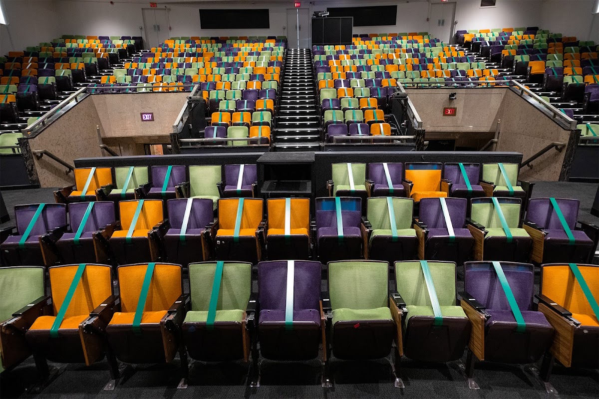 Seats roped-off for social distancing in the RISD Auditorium