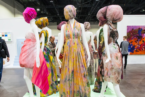 Mannequins dressed in lush silk by Kathleen Villari MFA 19 TX at Grad Show 2019