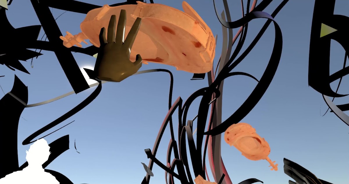 Surreal virtual world with hand reaching out to a string instrument, RISD faculty member Mattia Casalegno