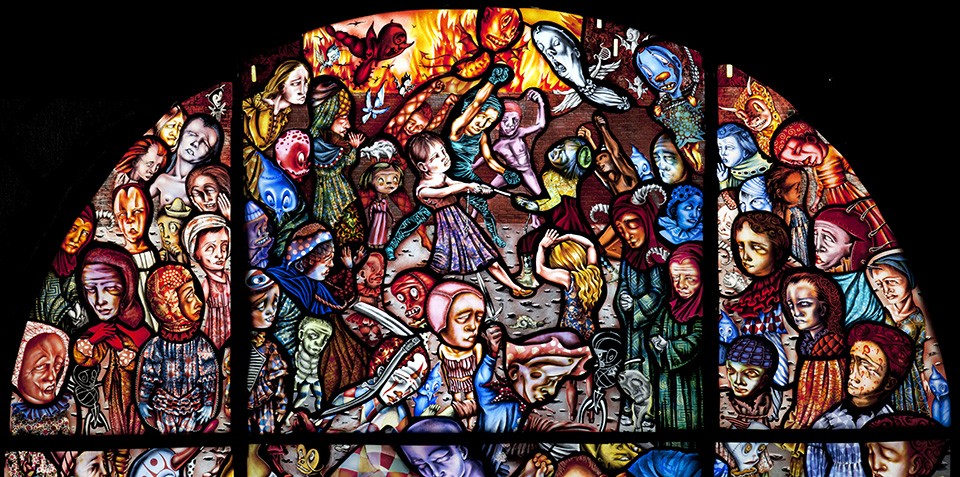 The Battle of Carnival and Lent (2012, detail, stained glass lightbox, 56 x 56 x 4") by Judith Schaechter 83 GL