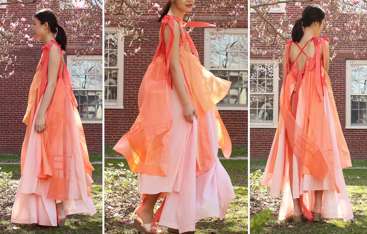 Three views of an orange dress