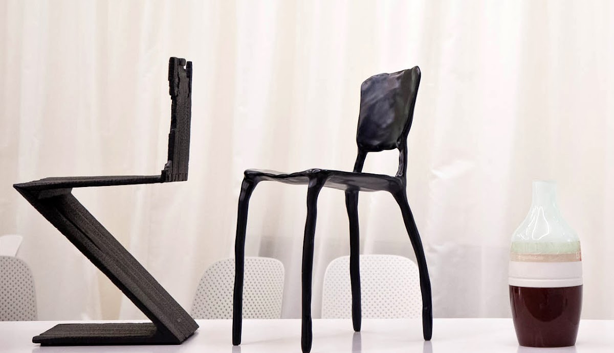 cutting-edge Dutch design: re-authored chairs by Maarten Baas and a glass and porcelain bottle by Hella Jongerius