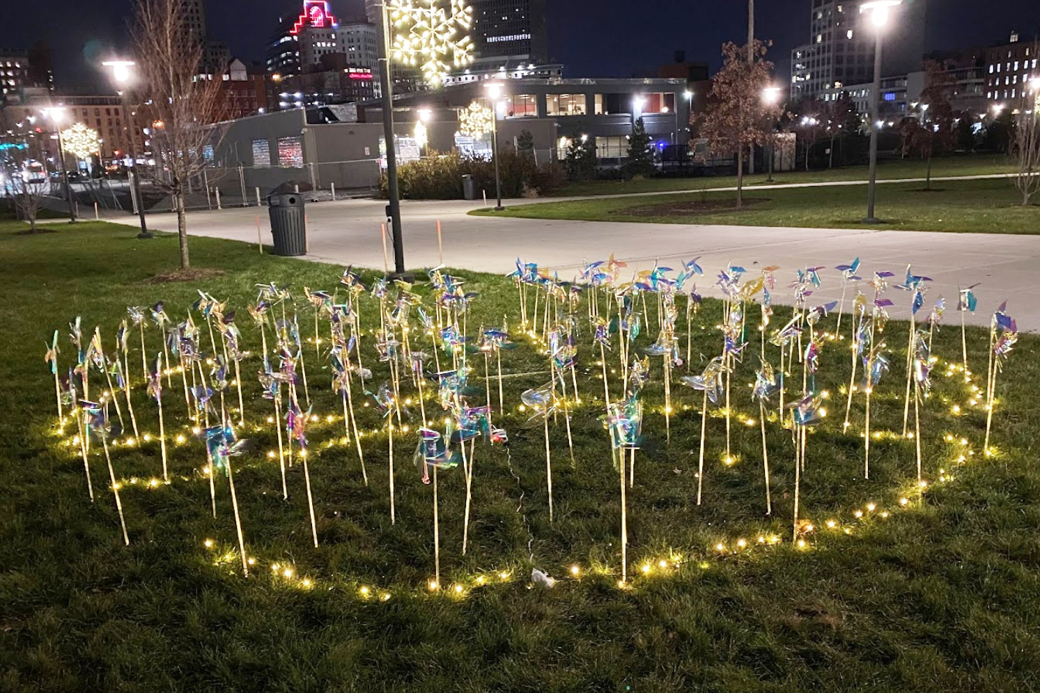 pinwheel installation at night