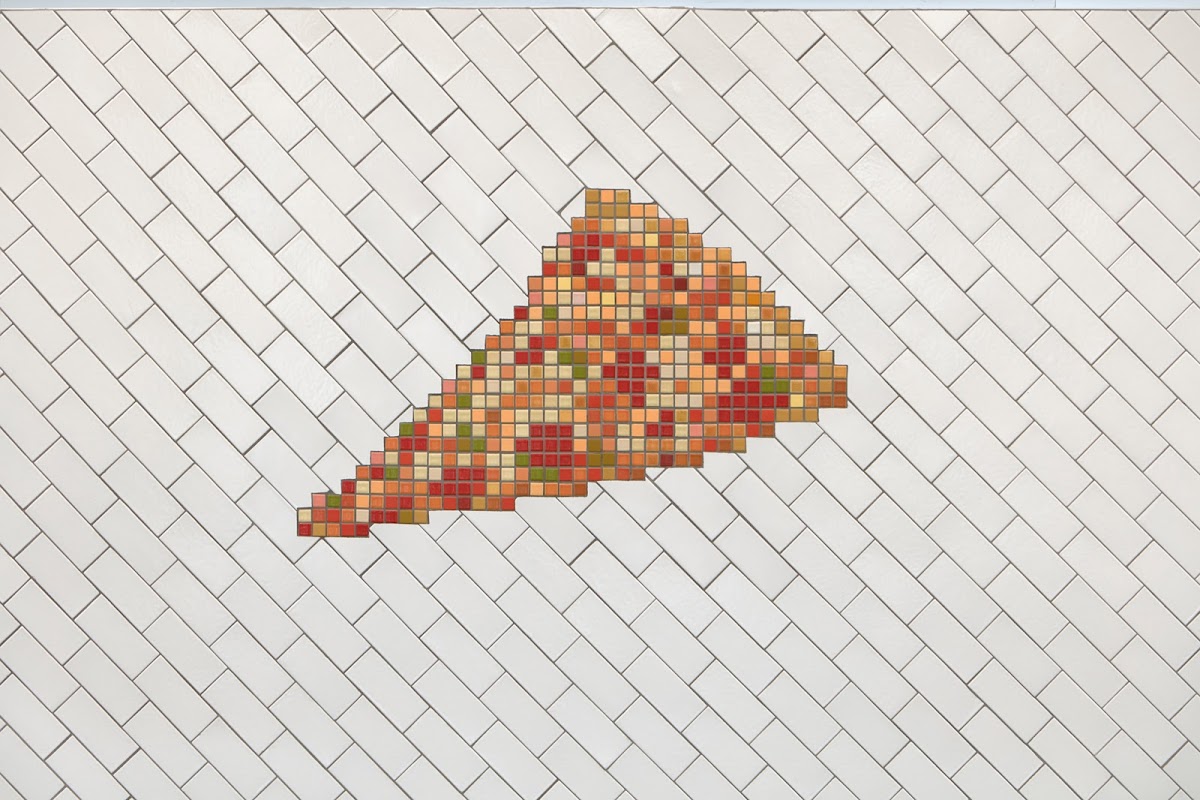 Pizza portion of Laura Owens 92 PT's La Guardia installation