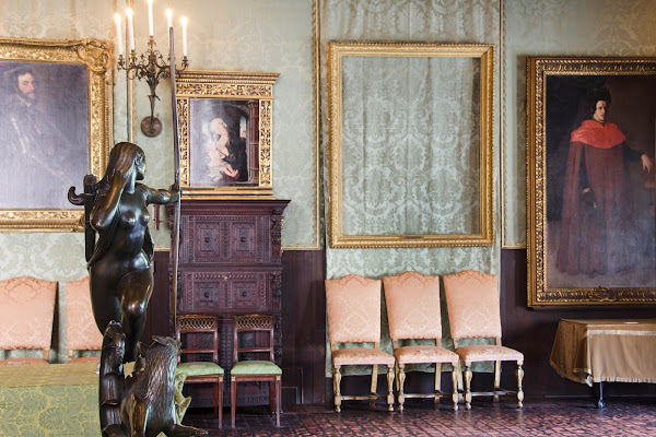 Portion of Boston’s Isabella Stewart Gardner Museum containing empty frames on the walls