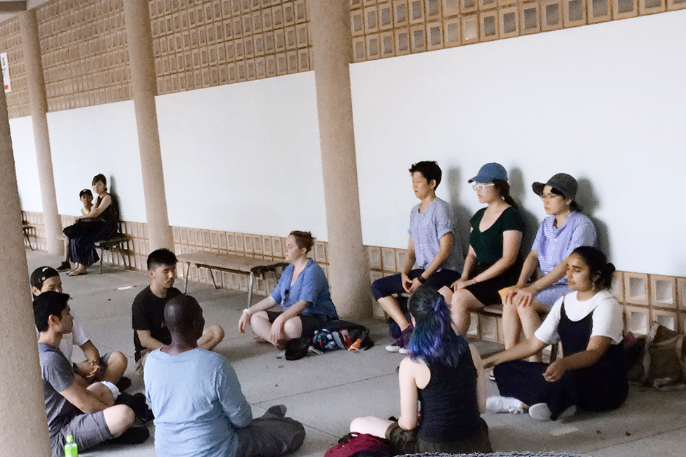 Associate Professor of Industrial Design Khipra Nichols BID 78 leads students in a guided meditation session