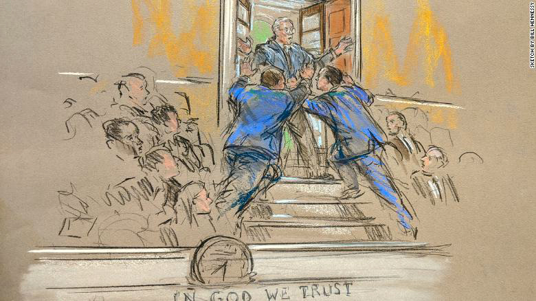 Bill Hennessy 79 PT courtroom sketch from the presidential impeachment trial, a protester briefly interrupting the trial