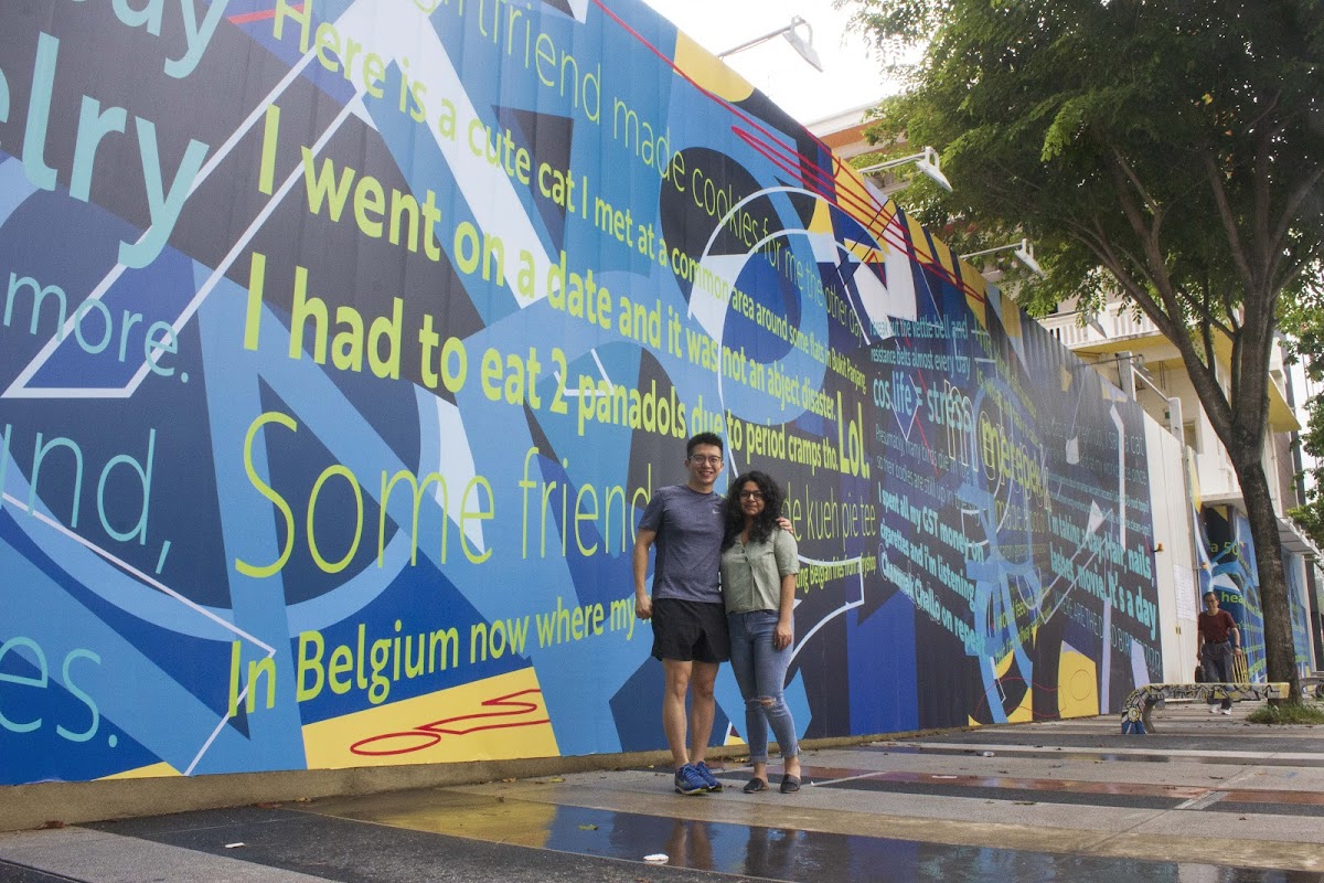 Artist Michael Ee 15 GD and poet Pooja Nansi stand in front of their installation commissioned for the 2019 Singapore Biennale