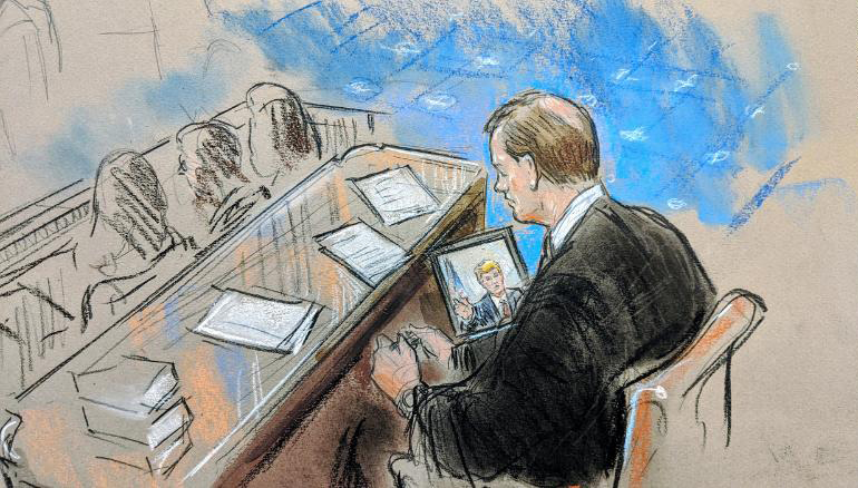 Bill Hennessy 79 PT courtroom sketch, Chief Justice John Roberts during presidential impeachment trial