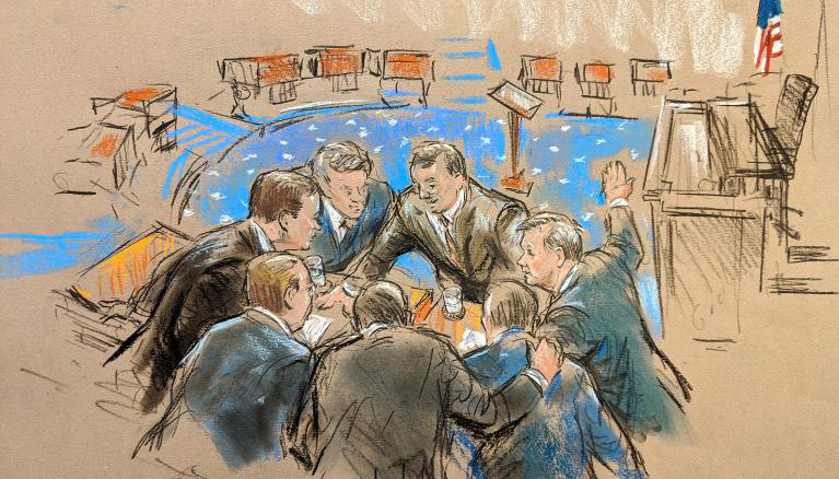 Bill Hennessy 79 PT courtroom sketch from the presidential impeachment trial, senate republicans huddling
