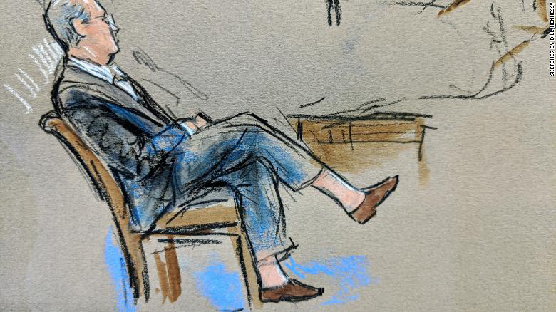 Bill Hennessy 79 PT courtroom sketch from the presidential impeachment trial, Senator RIchard Burr leaning back in his chair
