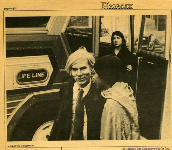 Andy Warhol exiting a tour bus
