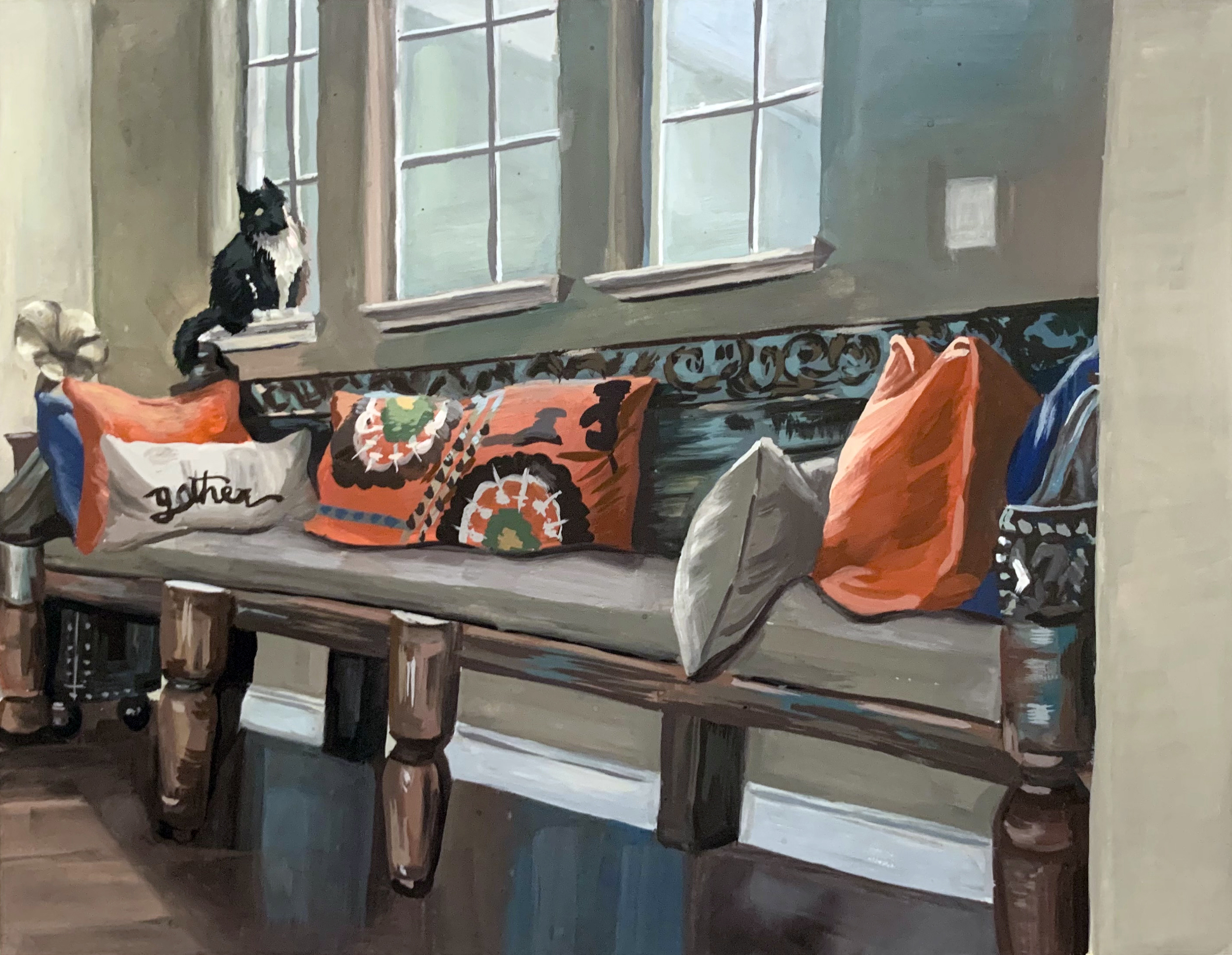 painting of a cat sitting on a bench 