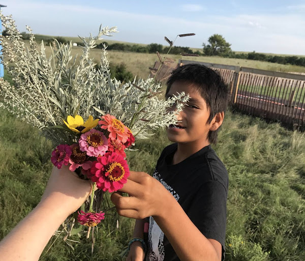 A boy reaching out for flowers on the Cheyenne River Reservation