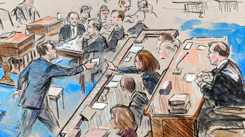 Bill Hennessy 79 PT courtroom sketch from the presidential impeachment trial, a piece of paper being passed