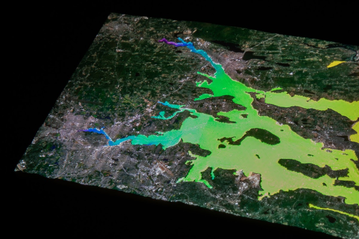 Still from a time-based simulation showing salinity changes in Narragansett Bay