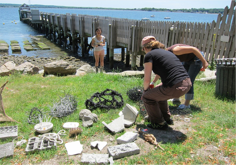 Students looking at different types of materials near a dock