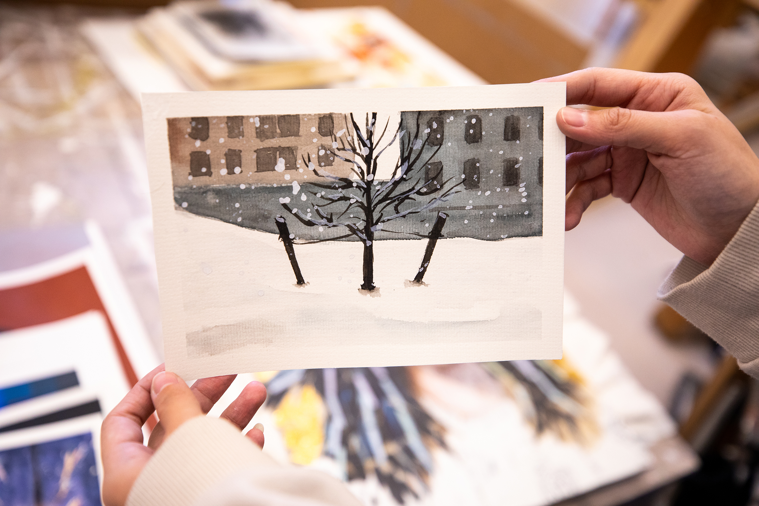 painting of a snow-covered tree