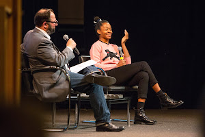 Dominic Molon, RISD Museum curator, speaking on stage with Kara Walker MFA 94 PT/PR