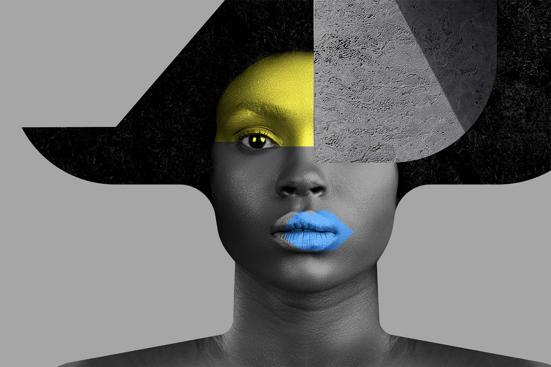 a woman in an asymmetrical hat with interesting arty makeup