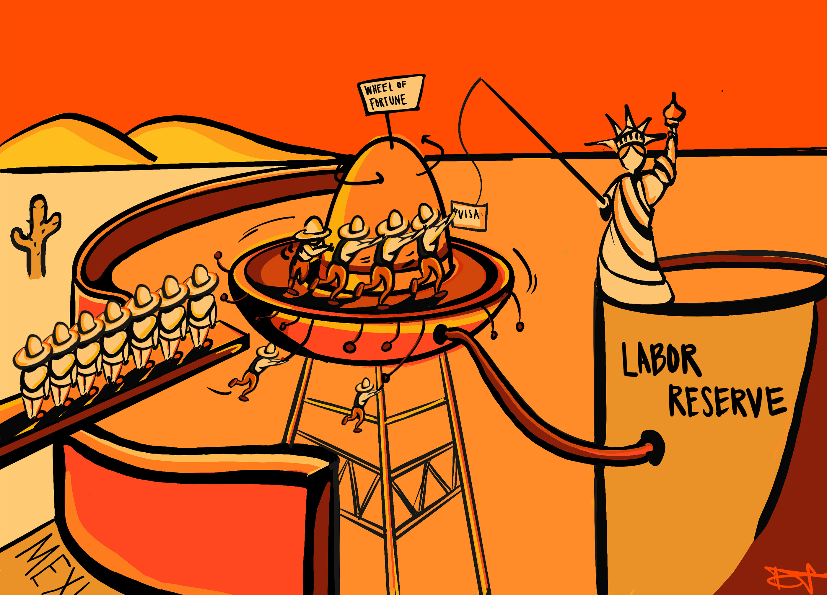 more finished illustration of above sketch showing Mexican laborers on a kind of carousel