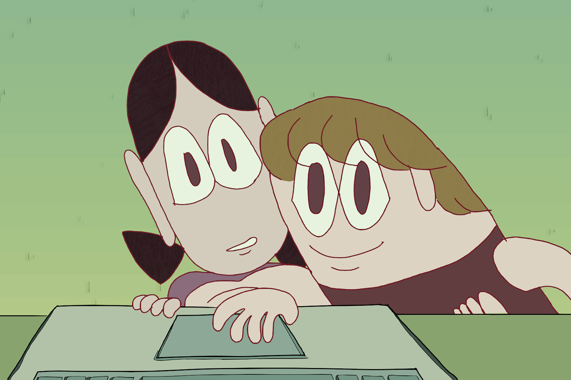 two animated kids gaze into their screens