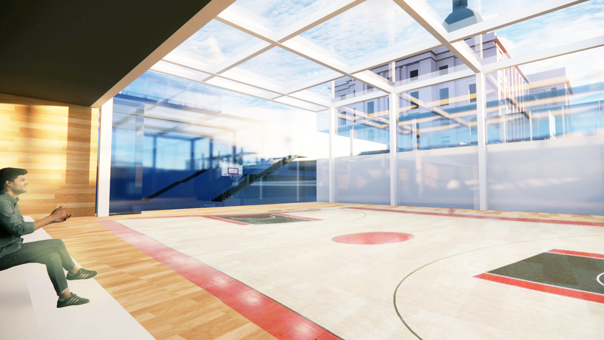 an indoor basketball court with a glass roof