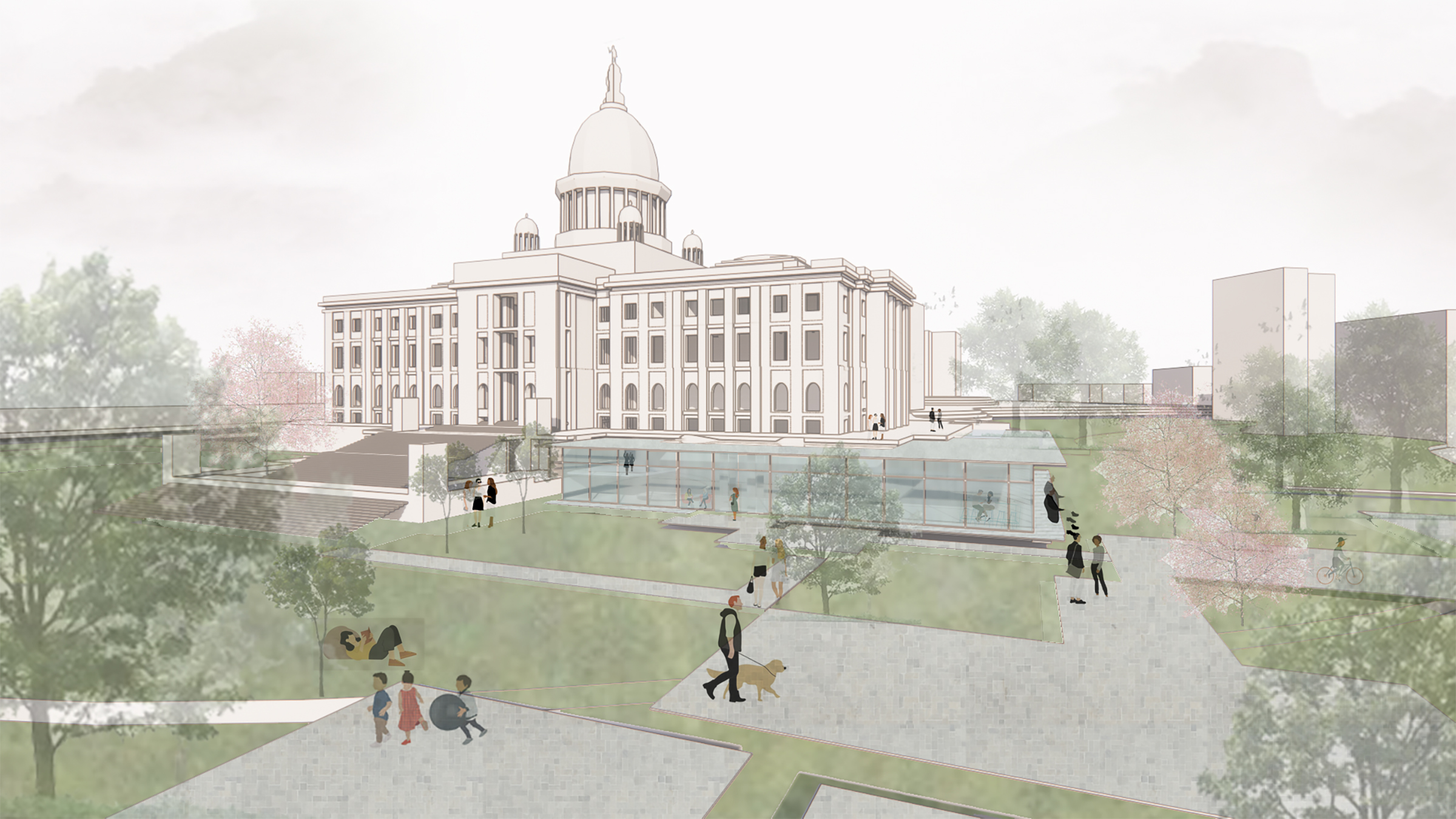 Rendering of State House front lawn with gardens and greenhouses