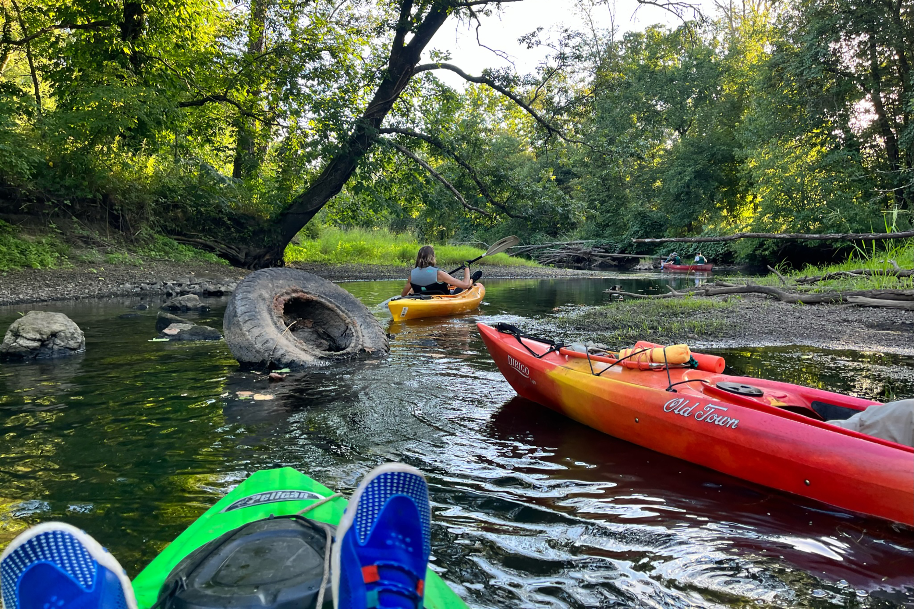 Paddlers glide by an old tire stuck in the river