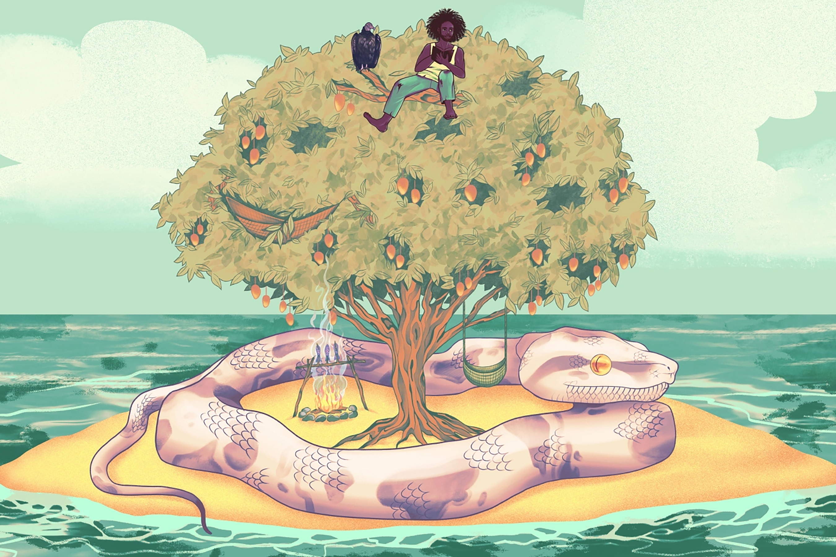 An illustration of a person sitting next to a vulture, atop a mango tree, on a small island with a large snake lying below the tree, by Amelia Bates