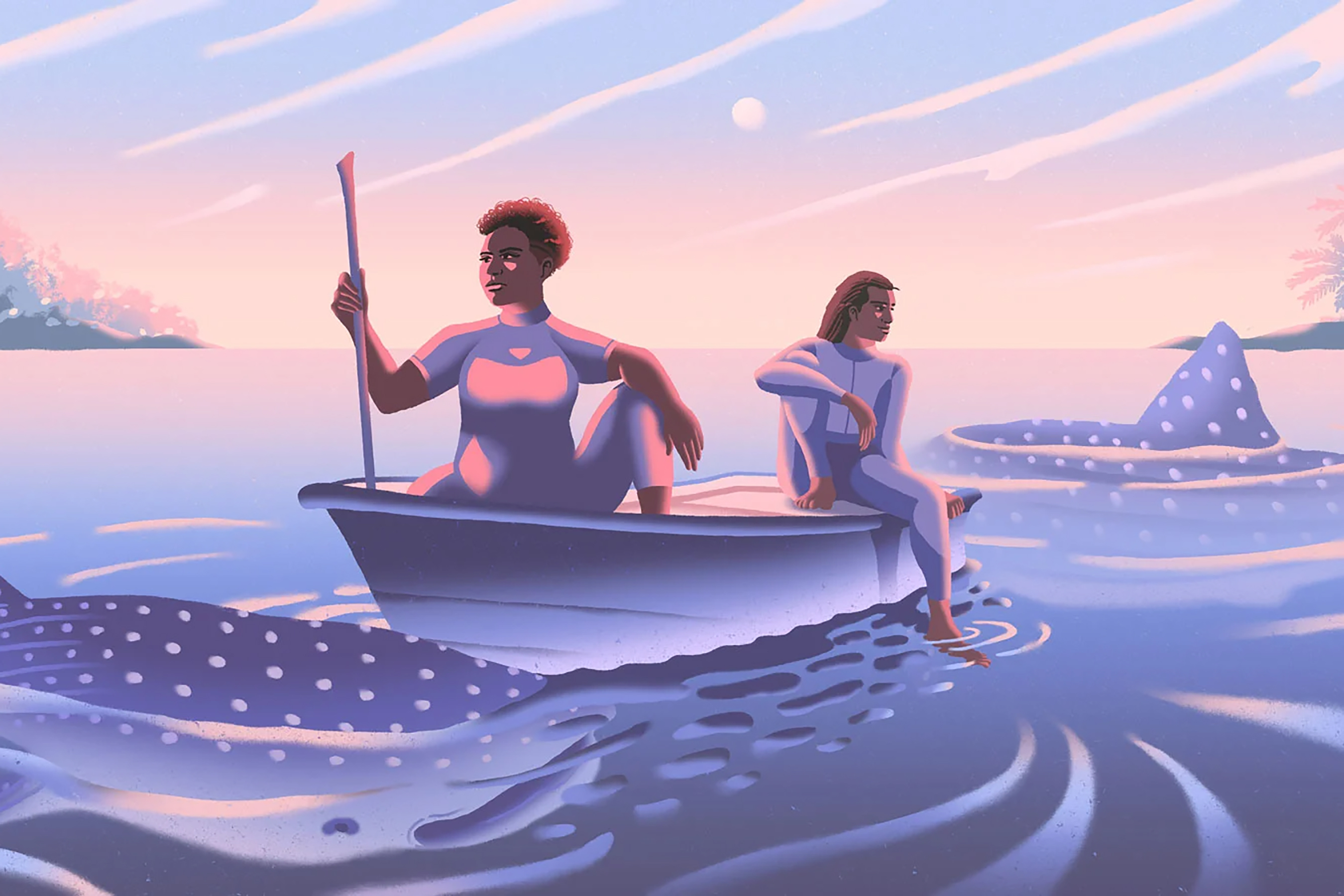 An illustration of two people sitting on a boat in shark-infested waters in the Hawaiian ocean by Mikyung Lee